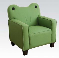 a green chair with a frog face on it's back and legs, sitting in front of a white background