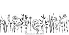 black and white line drawing of wildflowers on a white background with space for text