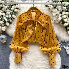 Bjux – Chic Polka Dot Ribbon-Tied Mandarin Collar Bubble-Sleeved Blouse – Bjux Fashion Boutique Blouse With Bow, Polka Dot Bow Tie, Polka Dot Tie, Bow Tie Collar, Bubble Sleeve, Polka Dot Blouse, Collar Shirt, Tie Neck, Fall Shirts