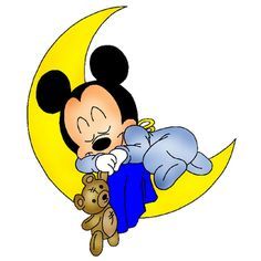 mickey mouse sleeping on the moon with his teddy bear