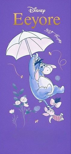 the poster for disney's eeyore is shown with an elephant holding an umbrella