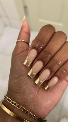 Gold Tip Nails, Gold Nail Designs, Square Acrylic Nails