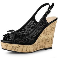 Step into the day feeling confident with these lace wedges sandals with the bow. With synthetic leather upper, and finished with an adjustable buckle for extra support, these will soon be your favorite pair to wear throughout the week.Lace Wedge Sandals.Wood Wedges Platform.Open Toe.Bow Decor.Vamp: Lace; Outsole: PVC+TPR; Heel: PVC+TPR.Heel Height: 4 1/2 inches.Platform Height: 1 3/8 inches. Size: 7. Color: black. Gender: female. Age Group: adult. Pattern: Solid. Wood Platform Heels, Lace Wedges, Elegant Heels, Trendy Sandals, Platform Wedge Heels, Bow Decor, Womens Sandals Wedges, Peep Toe Shoes, Black Wedge Sandals