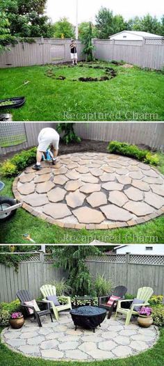 an outdoor fire pit in the middle of a yard with chairs around it and a man working