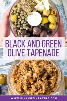 black and green olive tapenade in a glass bowl, with the title above it