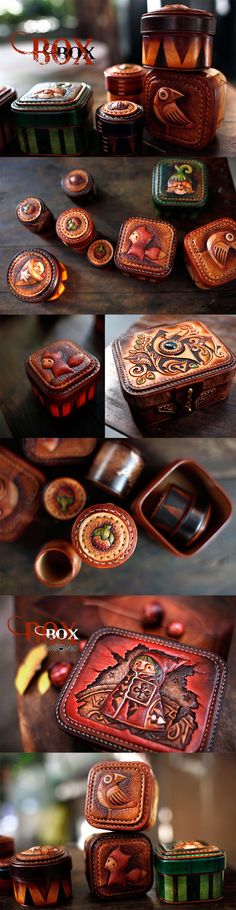 several different images of wooden boxes with decorative designs on the lids and sides, all in various colors