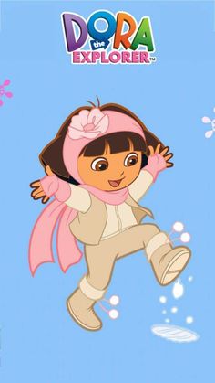 dora the explorer is flying through the air with her pink scarf around her neck and head