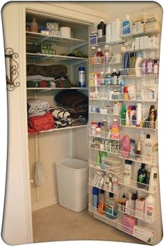 the closet is full of all kinds of bathroom products and toiletries, including shampoos