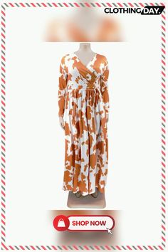 Plus Size Printed V Neck Long Sleeve Maxi Dress Fitted Maxi Dress With Surplice Neckline For Fall, Non-stretch Maxi Dress For Fall Vacation, Fall Vacation Maxi Dress Non-stretch, White V-neck Maxi Dress For Fall, Casual Maxi Dress With Surplice Neckline For Fall, Casual V-neck Maxi Dress For Fall, Chic Fall Maxi Dress With Surplice Neckline, Long Sleeve Brown Maxi Dress For Spring, Casual White Maxi Dress For Fall