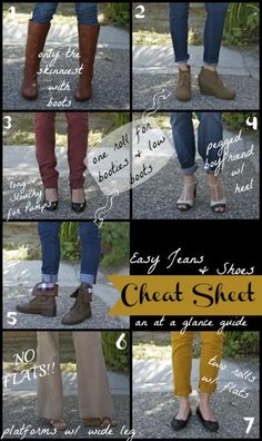 Cheat Sheet: How to wear Jeans & Shoes Pant Shoes, How To Wear Jeans, Jeans And Shoes, Jeans Shoes, Mode Casual, Cooler Look, Casual Winter Outfits, Cheat Sheet