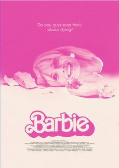 the movie poster for barbie is shown in pink and white with an image of a woman's face