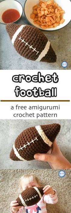 the crochet football is being held up to show it's size and pattern