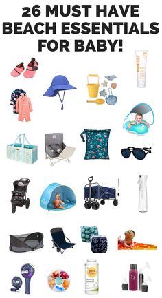 baby beach essentials and gear for your family's trip to the beach. includes images of what you should bring to the beach for a baby including a tent, sunglasses, sunscreen, towels, wagon, rash guard, etc. Beach With A Baby, Beach Packing List, Baby Vacation, Road Trip Kit, Beach Vacation Packing