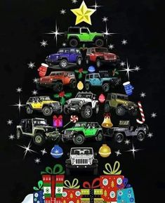 a christmas tree made out of cars and presents in front of a black background with stars