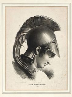 an old drawing of a woman wearing a helmet