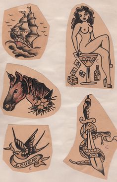 four old school tattoo stickers with different designs on them, including a woman and a horse