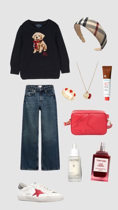 the contents of a woman's outfit including shoes, handbag, and purse