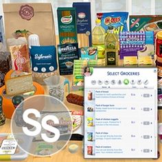 an assortment of food items displayed on a table with the sss logo in front of it