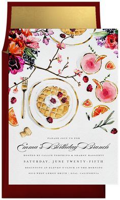 an elegant wedding card with flowers and fruit on it, featuring a waffle cake