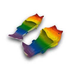 two colorful fish shaped like rainbows on a white background