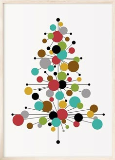 a christmas tree made up of circles on a white background, framed in wood frame