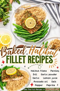 baked halibut fillet recipe with green beans and lemon slices