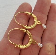 "★ Dubrovnik \"Konavle\" filigree hoop earrings. Replicas of traditional Dubrovnik jewelry from the 19th century. Croatian ethnic, heritage jewelry from Konavle region. Adorned with baroque-shaped natural, white freshwater pearl. Handmade from solid sterling silver, which is plated with 24 k gold. ★ *New models in the shop - with narrow filigree base* Overall length: 3.6 cm ( 1.42\" ) Width: 1.9 cm ( 0.75\" ) ★These earrings are made in solid sterling silver, plated with 24k gold. For your selec Gold Hoop Bridal Earrings As Gift, Gold Hoop Bridal Earrings For Gift, Small Hoop Earrings For Wedding, Small Hoop Pierced Earrings For Wedding, Gold Small Hoop Bridal Earrings, Gold Small Hoop Bridal Earrings Gift, Small Hoop Filigree Earrings For Wedding, Small Filigree Hoop Earrings For Wedding, Wedding Filigree Hoop Earrings