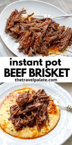 instant pot beef brisket on a plate with mashed potatoes