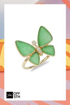 Elegant Butterfly Ring Of Jade Gemstone And Dainty Diamond Touches. Green Jade, 3.35 Tcw Diamonds, 0.04 Tcw Diamond Color: Hi Diamond Clarity: I1-I2 14k Yellow Gold Made In Usa Size Width, About 0.7" Click Here For A Guide To Jewelry & Watches. Center Core - Jewelry Trunk > Saks Off 5th > Barneys Warehouse. Effy. Size: 7. Diamond Butterfly Ring, Effy Rings, Diamond Butterfly, Green Rings, Jade Gemstone, Green Butterfly, Butterfly Ring, Jewelry Lookbook, Green Jade