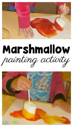 two pictures with the words marshmallow painting activity and an image of a child holding a toothpick