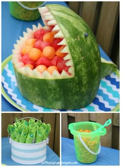 a watermelon shark with its mouth open and some other items in the bowl