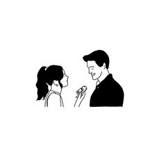 a black and white drawing of a man speaking to a woman with a microphone in her hand