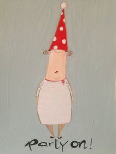 a painting of a woman wearing a red hat and white dress with the words party on