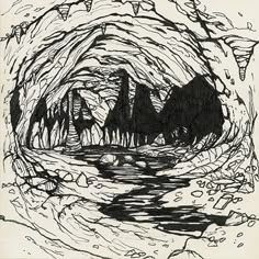 a black and white drawing of a cave