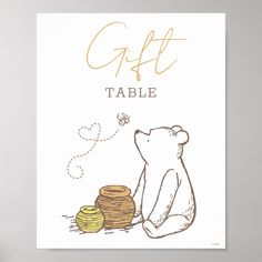 a card with a bear sitting next to stacks of pancakes