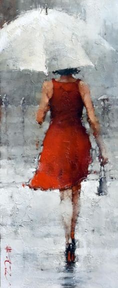 a painting of a woman walking in the rain with an umbrella