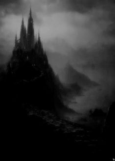 a castle on top of a mountain in the dark night with fog and clouds surrounding it