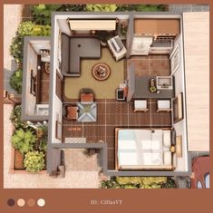 an overhead view of a house with the living room and kitchen in it's center