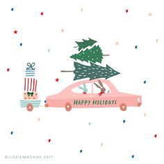 a pink car with a christmas tree on top