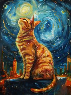 a painting of a cat looking up at the night sky