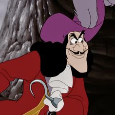 an animated character in a red coat and purple hat holding a metal object with one hand