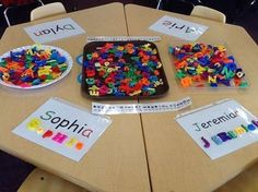 the table is set up with different types of letters and numbers to spell out their name