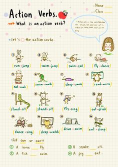 an action verbs poster with words and pictures on the back ground, in english