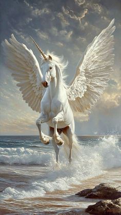 a painting of a white unicorn with wings flying over the ocean and crashing into shore