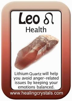 LEO HEALTH CARD: LITHIUM QUARTZ http://www.healingcrystals.com/advanced_search_result.php?dropdown=Search+Products...&keywords=Lithium+Quartz Use code HCPIN10 for a 10% discount Zodiac Stones, Fire Signs, Crystal Healing Stones, Chakra Healing, Gems And Minerals