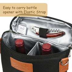 an open bag with bottles in it and the words easy to carry bottle opener with elastic strap