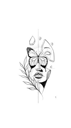 a black and white drawing of a woman's face with butterflies on her head