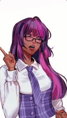 a woman with pink hair and glasses pointing to the side while wearing a purple tie