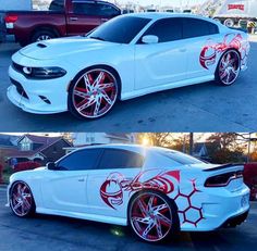 two pictures of a white car with red flames painted on the front and back sides