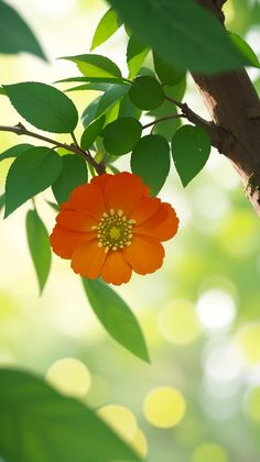 an orange flower hanging from a tree branch